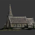 European Style Church with Stone Walls Tiled Roof Spire on Green Lawn with Stone Fence