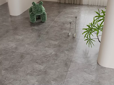 Gray Textured Floor Tiles with Green Hippo Decor Metal Ornaments Green Plant and White Columns 3d model