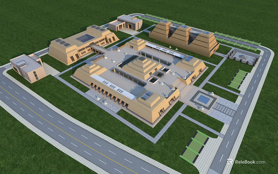 Ancient Architectural Complex With Pyramid Shaped Structures Open Square Green Lawns And Roads 3d model 