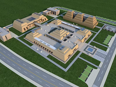 Ancient Architectural Complex With Pyramid Shaped Structures Open Square Green Lawns And Roads 3d model