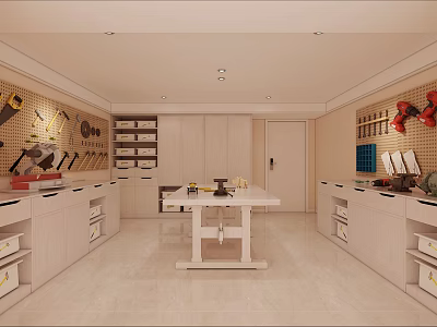 Kindergarten Craft Room With Wall Shelves Craft Tools White Table And Storage Cabinets 3d model