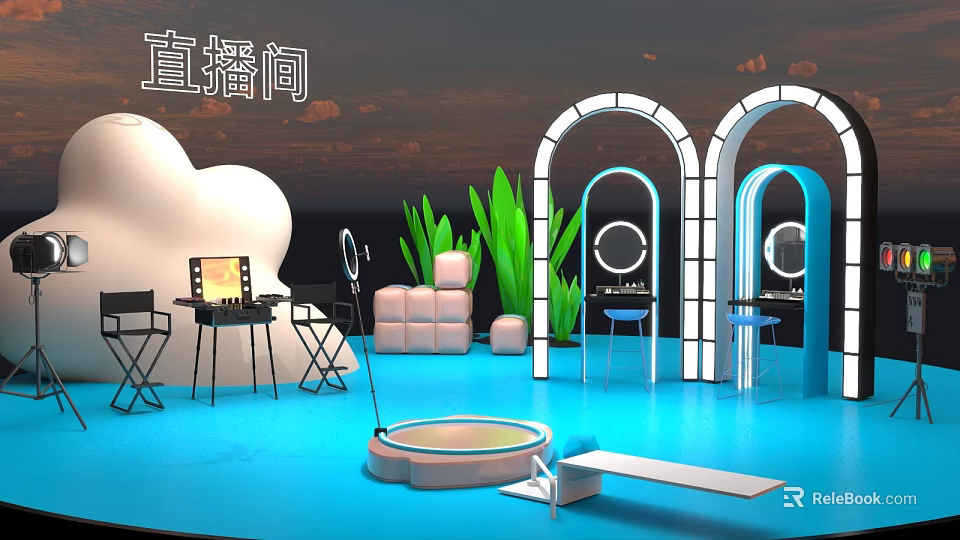 Live Stream Studio With Blue Floor Cloud Decorations Arched Doorways Green Plants And Dressing Tables 3d model 