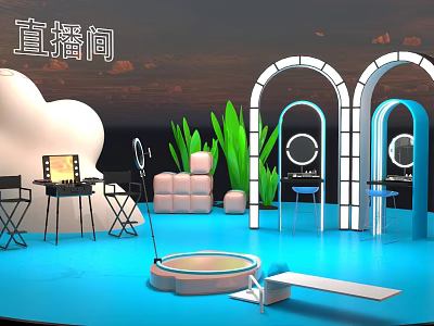 Live Stream Studio With Blue Floor Cloud Decorations Arched Doorways Green Plants And Dressing Tables 3d model