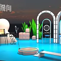 Live Stream Studio With Blue Floor Cloud Decorations Arched Doorways Green Plants And Dressing Tables