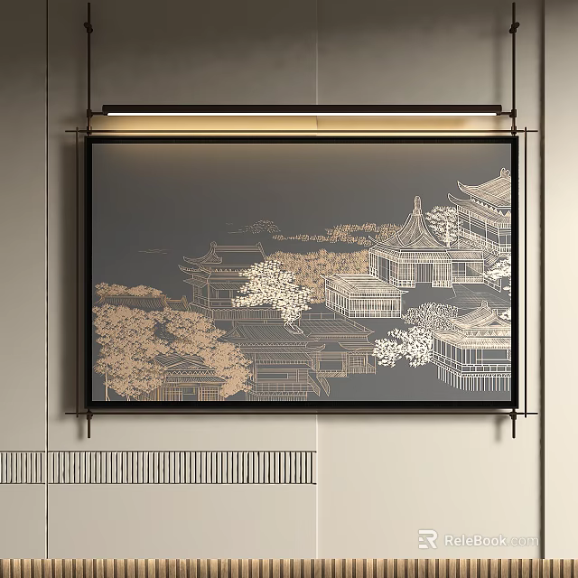 Chinese Style Abstract Painting With Ancient Architecture Elements And Golden Black Tones As Wall Decor 3d model 