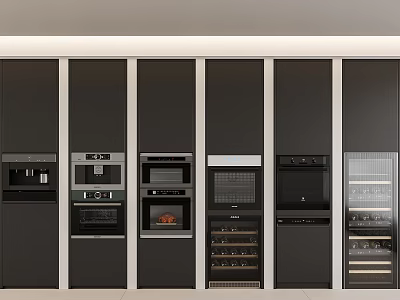 Modern Kitchen With Black Cabinets And Various Built In Kitchen Appliances 3d model