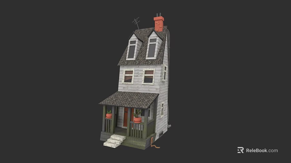 Two Story Detached House with Red Chimney Gray Roof Porch Flower Pots and Steps 3d model 