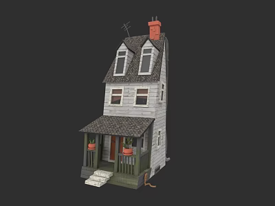 Two Story Detached House with Red Chimney Gray Roof Porch Flower Pots and Steps 3d model