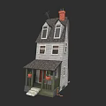 Two Story Detached House with Red Chimney Gray Roof Porch Flower Pots and Steps