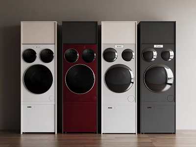 Four Modern White Red Black Washing Machines with Circular Control Panels and Display Screens 3d model