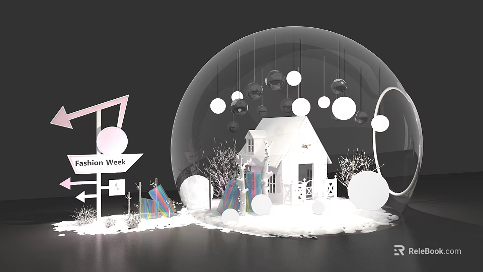 Fashion Week Exhibition Display Featuring Transparent Dome White House Hanging Round Lights And Decorations 3d model 