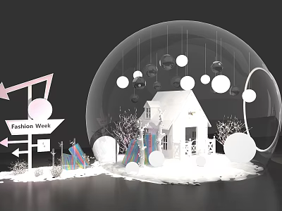 Fashion Week Exhibition Display Featuring Transparent Dome White House Hanging Round Lights And Decorations 3d model
