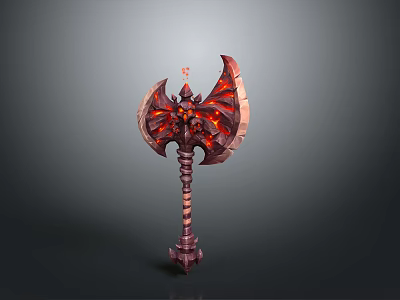 Demonic Fantasy Axe with Red Orange Flame Effects Glowing Core and Decorative Handle Texture 3d model