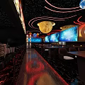 Starry Sky Themed Restaurant Interior With Planet Decorations Large Screen And Seating Area 3d model
