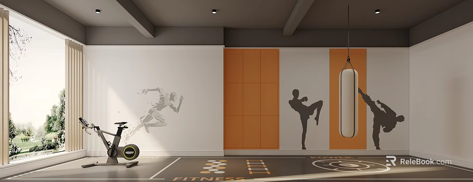 Modern Gym Interior With Exercise Bike Sport Silhouettes Orange Lockers And Fitness Floor Lettering 3d model