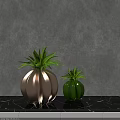 Decorative Gold And Green Vases With Green Plants Against Gray Wall And Black Marble Countertop