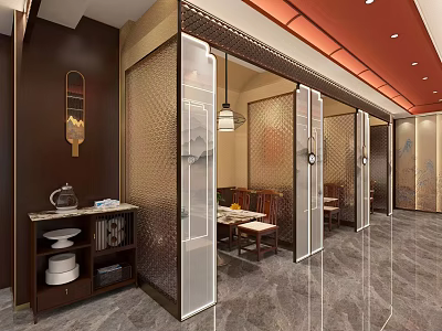Private Room Interior Design With Transparent Partitions Dining Table Chairs Marble Floor And Pendant Lights 3d model
