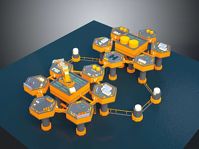 3D Modular Hexagonal Platform Structure With Connected Units And Orange Gray Design 3d model