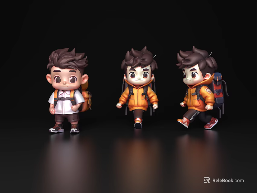 Group of Three Cartoon Boys With Backpacks In Casual Outfits Ready For Adventure 3d model 
