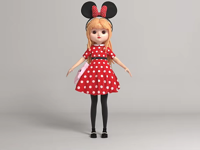 Cute Blonde Doll With Minnie Mouse Ears Red Polka Dot Dress Black Tights And Shoes 3d model