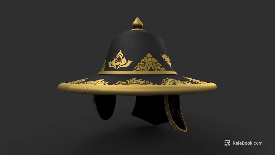 Traditional Ornate Weapon Helmet With Black Surface Gold Patterns And Broad Brim 3d model 