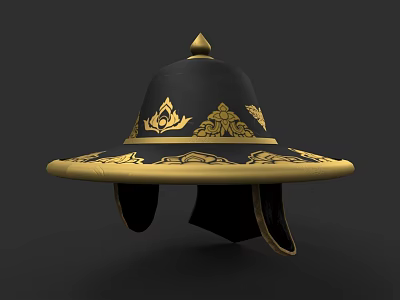 Traditional Ornate Weapon Helmet With Black Surface Gold Patterns And Broad Brim 3d model