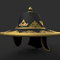 Traditional Ornate Weapon Helmet With Black Surface Gold Patterns And Broad Brim