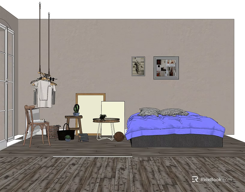Cozy Bedroom Side Table with Wooden Floor and Wall Art Decor 3d model 