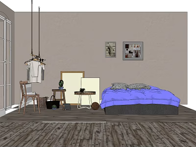 Cozy Bedroom Side Table with Wooden Floor and Wall Art Decor 3d model
