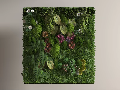 Lush Green Plant Wall Interior With Diverse Leaves And Colorful Flowers 3d model