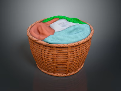 Plush Animal Toy In Woven Basket With Colorful Fabric Layers 3d model