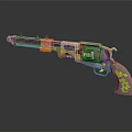3D Rendered Revolver With Orange Gray Body Green Dotted Grip Warning Label And Reflective Surface