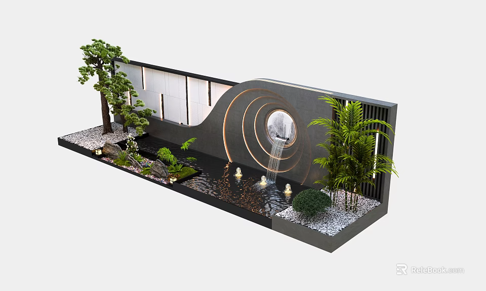 Modern Garden Wall Design With Circular Decor Water Feature And Green Plants 3d model 