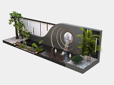 Modern Garden Wall Design With Circular Decor Water Feature And Green Plants 3d model