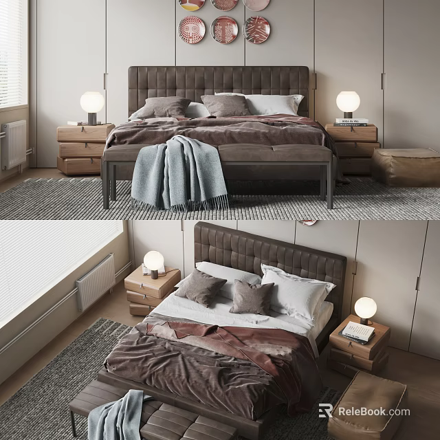 Modern Double Bed with Upholstered Headboard Pillows Blanket Nightstands Table Lamps and Rug 3d model 