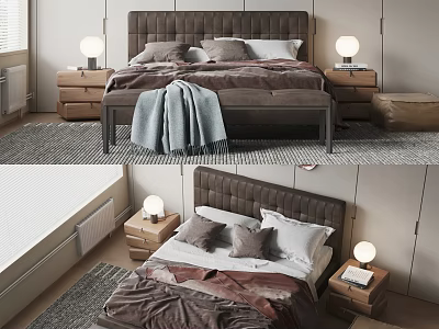 Modern Double Bed with Upholstered Headboard Pillows Blanket Nightstands Table Lamps and Rug 3d model