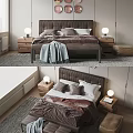 Modern Double Bed with Upholstered Headboard Pillows Blanket Nightstands Table Lamps and Rug