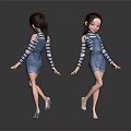 Cartoon Girls With Denim Overalls Dress Striped Long Sleeve Tops High Heels Front Back Dark Background