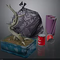 Dead Tree Branch On Blue Base With Purple Bag Red Cans And Purple Trash Bin