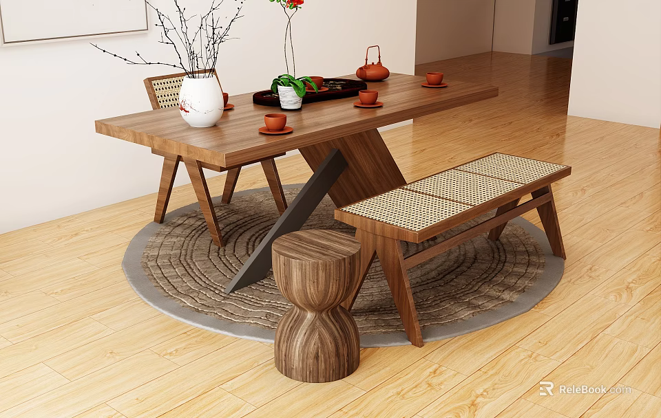 Natural Wooden Tea Table with Tea Set Vase Bench and Stool on Round Rug 3d model 