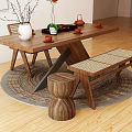 Natural Wooden Tea Table with Tea Set Vase Bench and Stool on Round Rug