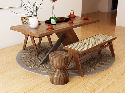 Natural Wooden Tea Table with Tea Set Vase Bench and Stool on Round Rug 3d model