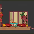 Traditional Chinese Interior With Red Archway Folding Screen Lanterns And Fortune Character