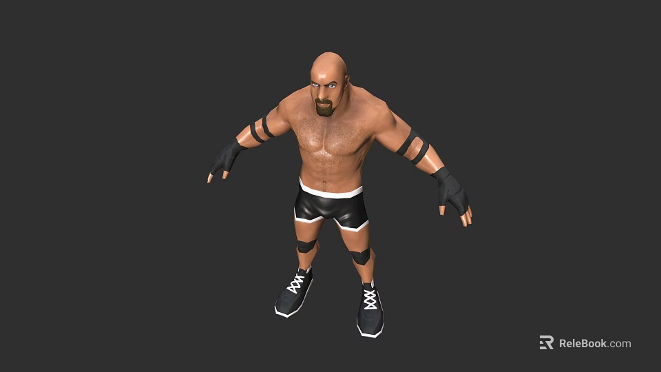 Muscular Bald Bearded Game Movie Character With Shirtless Black Wrist Wraps Knee Pads And Sneakers 3d model 
