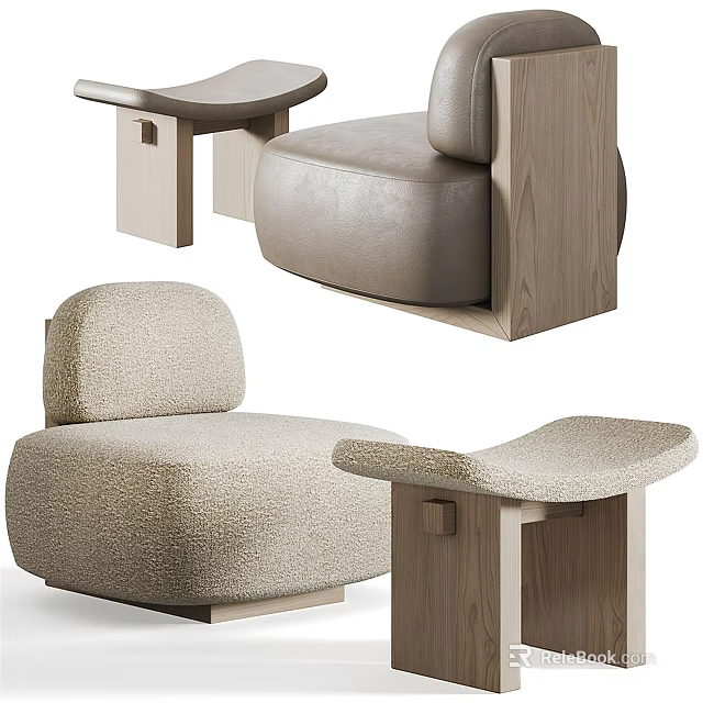 Modern Beige Upholstered Single Sofa With Wooden Frame And Side Table 3d model