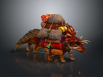 Horned Dinosaur Character Carrying Packed Cargo With Colorful Bundles And Rope Ties 3d model
