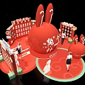 Vibrant Red Rabbit Themed Exhibition Scene With People And Decorative Elements 3d model