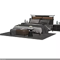 Modern Double Bed Bedroom Setting with Nightstands Pillows Bench and Decorative Vases 3d model