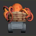 Orange Octopus with Red Details in Basket on Gray Base with Wheels