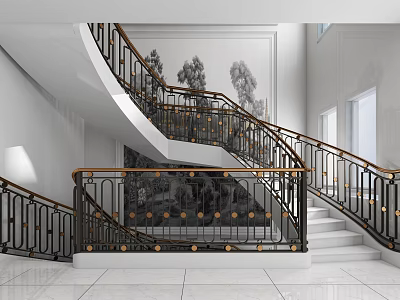 Elegant Modern Staircase Interior With Metal Railing And Marble Steps 3d model